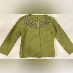 Free People meadow green cardigan embellished with beadwork & contrast seams.